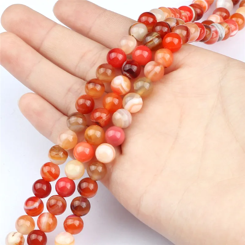 Handmade DIY Bracelet Necklace Carnelian Orange Smooth Natural Stone 8/6/4mm Striped Round Loose Bead Jewelry Making Accessories