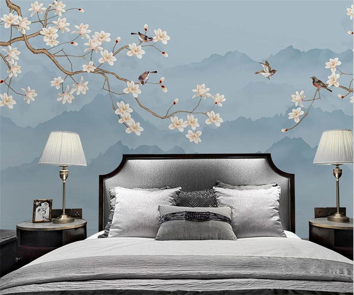 

Custom photo wallpaper new Chinese hand-painted magnolia flower bird bedroom background wall decoration papel de parede