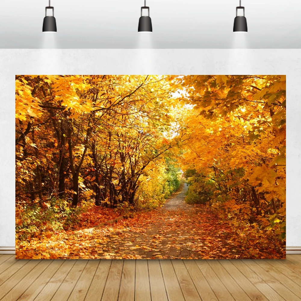 Laeacco Autumn Scenic Backdrops Landscape Yellow Forest Maple Trees Leaves Road Photography Backgrounds Baby Portrait Photophone