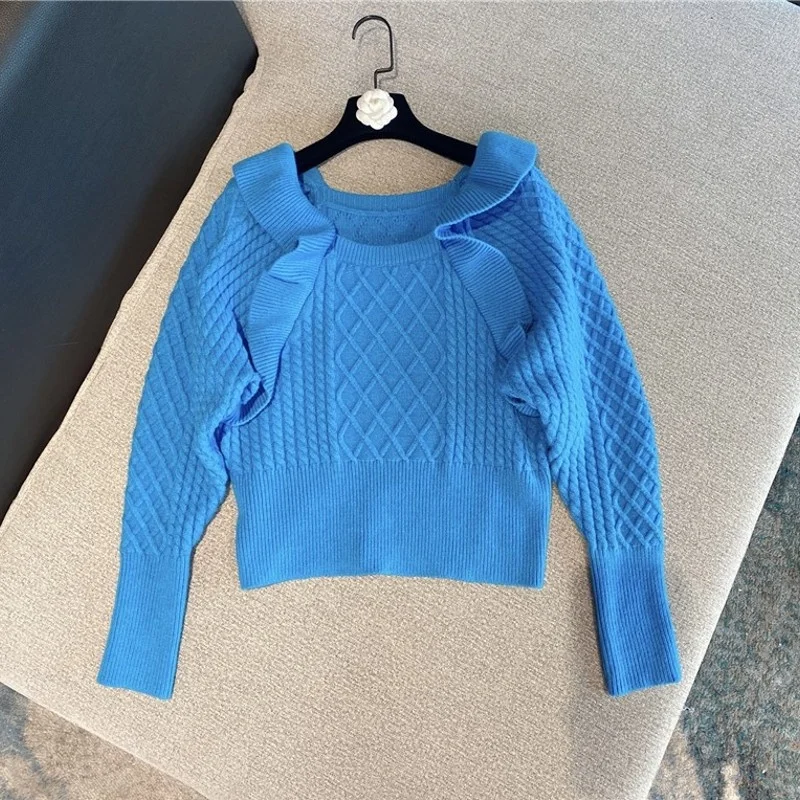 Autumn Spring New Korean Office Lady Slim-Fit Ruffle Batwing Sleeve Wool Pullover Knit Twist-Flower Sweater Women Short Tops