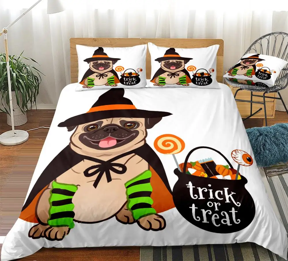 3PCS Halloween Pug Bedding Kids Boys Girls Cute Dog with Witch Costume Duvet Cover Set White Home Textiles Cartoon Dog Dropship