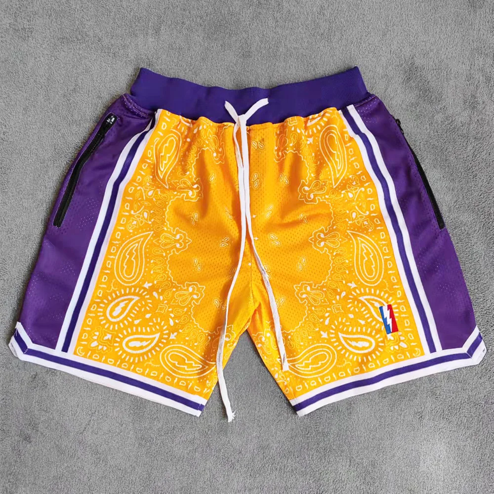 MM MASMIG Yellow Paisley Los Angeles Printed Basketball Shorts with Zipper Pockets Bryant LeBron Street Style Training Pants