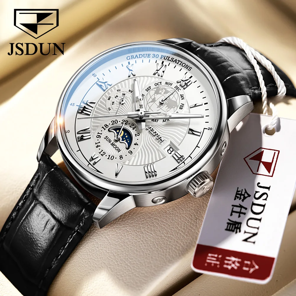 JSDUN Luxury Business Men\'s Watches Automatic Mechanical Wrist Watch for Men Leather Strap moon phase часы мужские наручные 8909