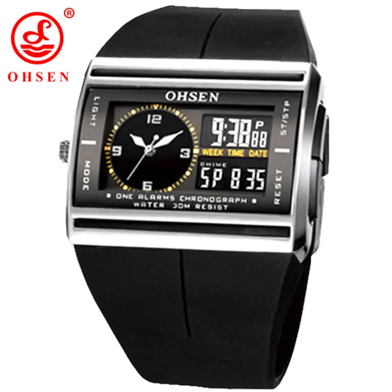 Men Wristwatches Rubber Band Dual Display Quartz Watch Men Sports Watches Alarm Chronograph OHSEN relogio masculino reloj hombre