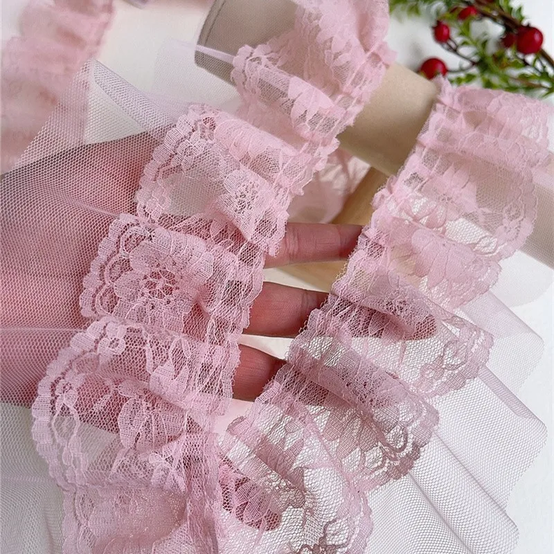 Tecido de renda de tule bordado, camada dupla, rosa, 8cm de largura, roupas femininas diy, roupas infantis, decoração de costura