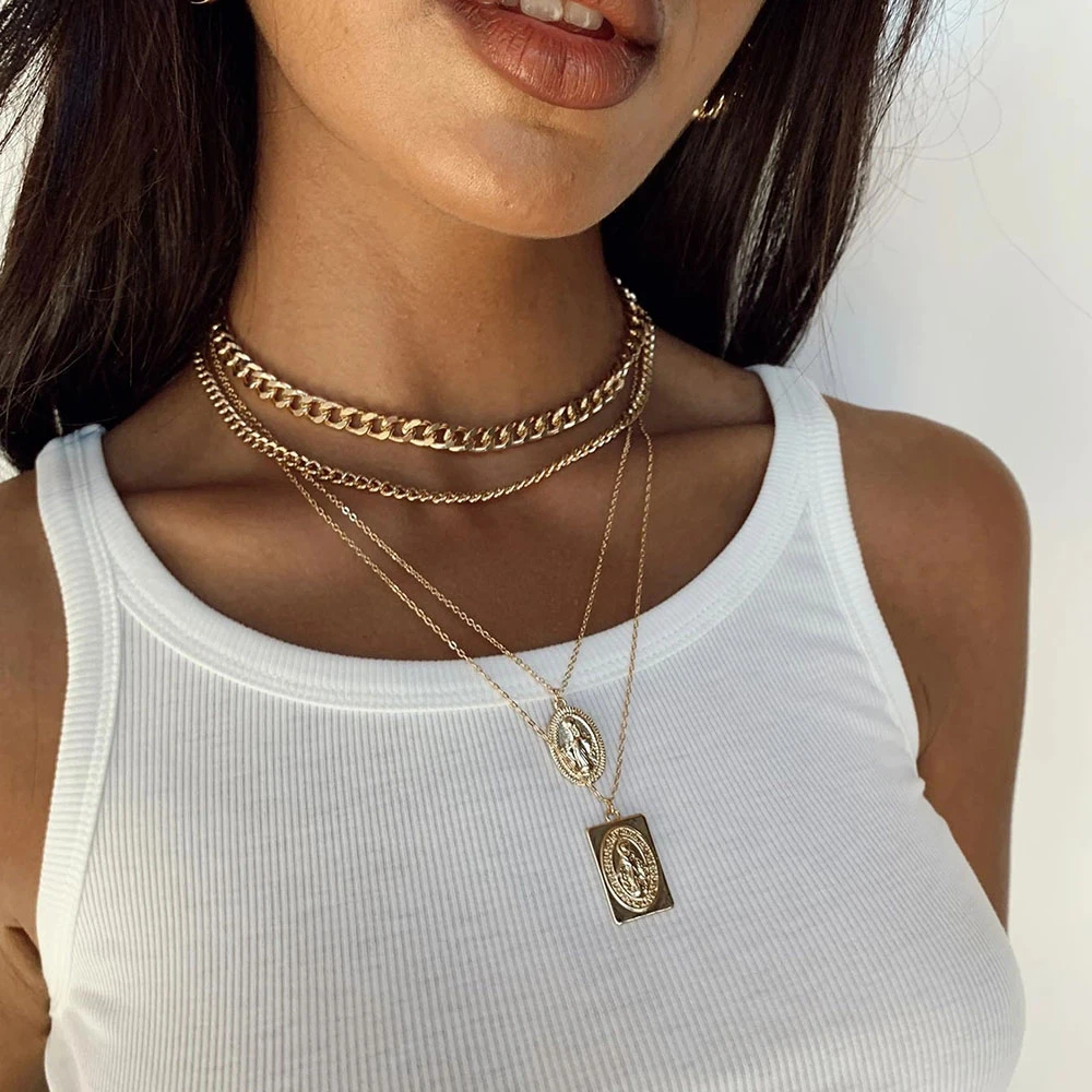 Geometric Pendant Necklace For Women Collar Female Multilevel Gold-plate Thick Chain Virgin Mary Carved Portrait New Jewelry