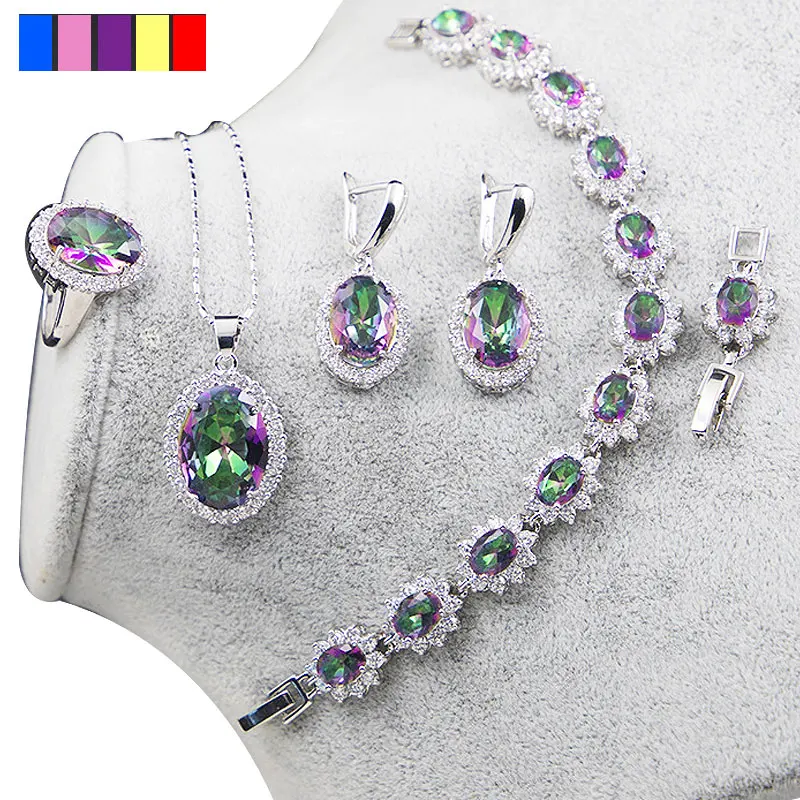 925 Sterling Silver Rainbow Zircon Jewelry Sets For Women Sapphire Topaz Garnet Bracelet Necklace Earrings Ring Pendant