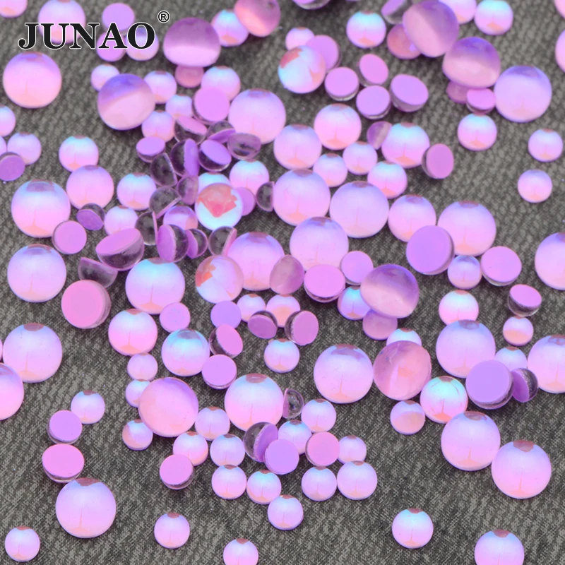 JUNAO Mix Size 1440pcs Pink AB Glass Mermaid Rhinestones Half Round Beads Flatback Nail Art Crystal Stones Non Hotfix Strass