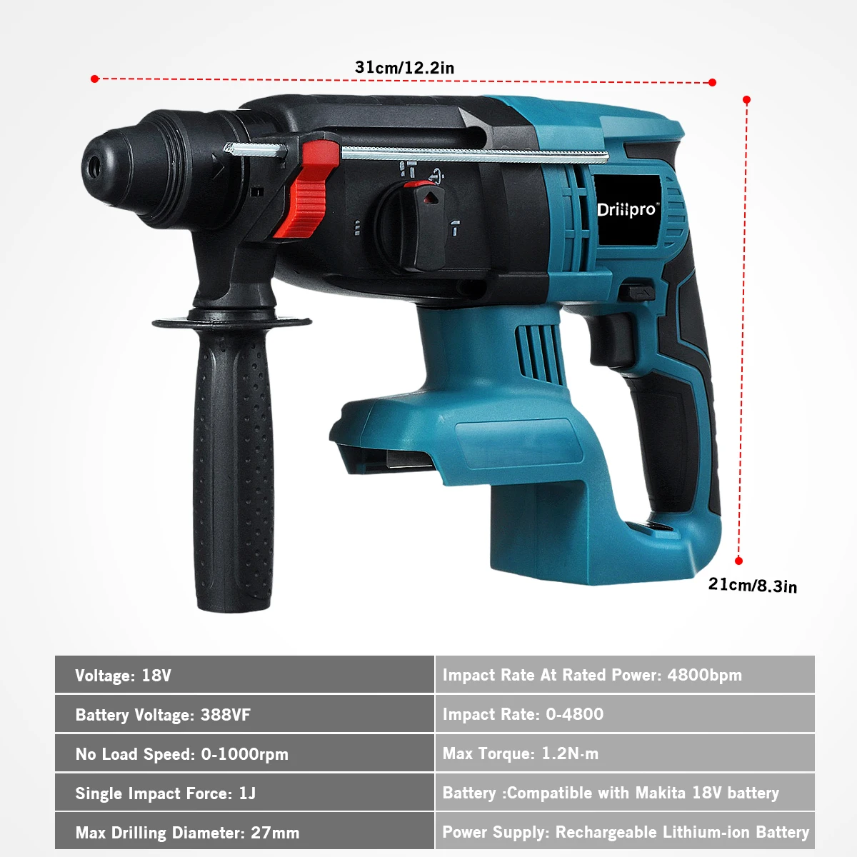 مثقاب مطرقة دوارة لاسلكي كهربائي Drillpro ، مثقاب ذو تأثير قابل لإعادة الشحن ، بطارية 18 فولت ، 4 وظائف ، 27 mak42