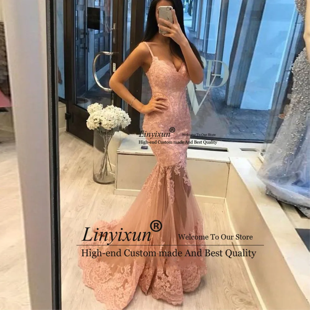 

Spaghetti Strap Prom Dresses V Neck Appliques Mermaid Tulle Formal Occasion Robe De Soiree Long Vestido De Fiesta