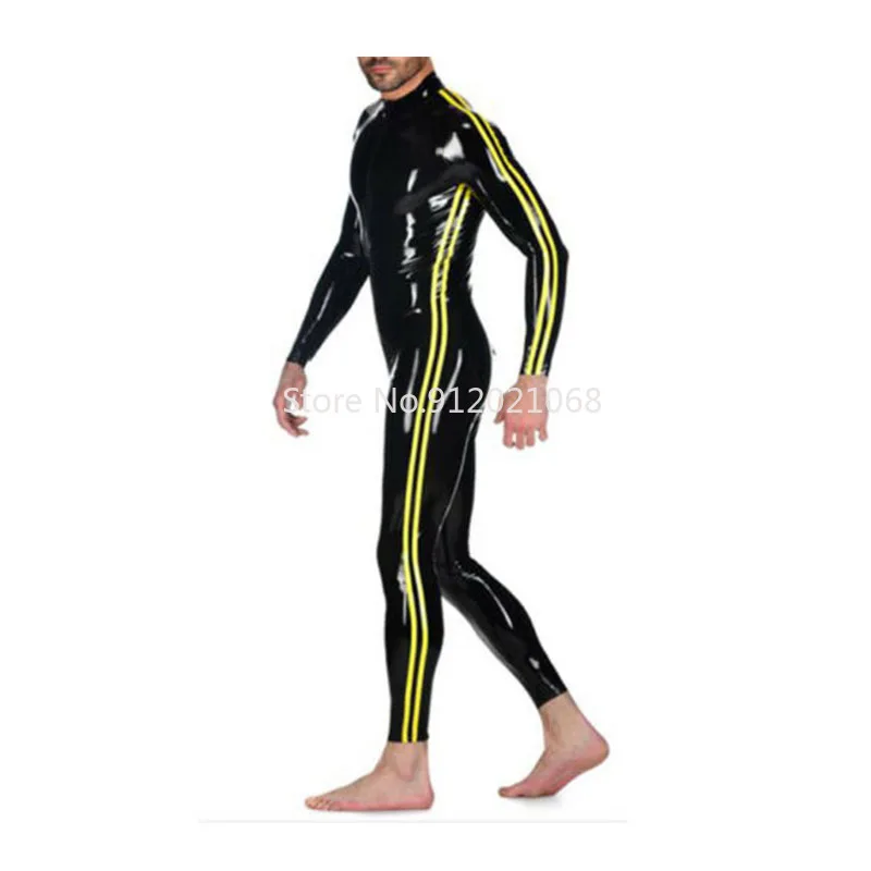 

Latex Catsuit Back Zipper with Stripe for Men Handmade Rubber Bodysuit Jumpsuit