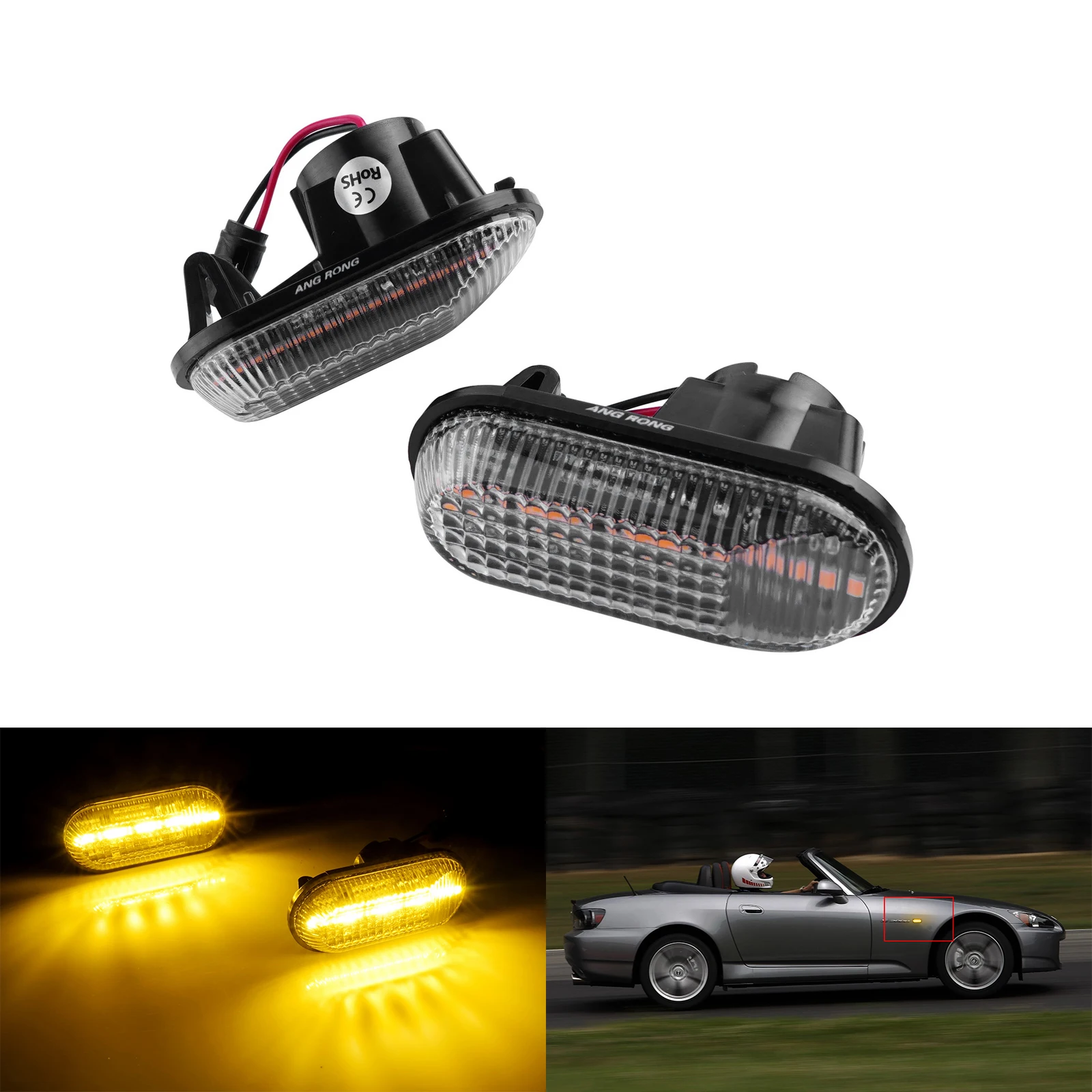 ANGRONG – marqueur latéral LED ambre avec lentille transparente 2 fois, pour Honda Civic CRX Prelude S2000 AP1