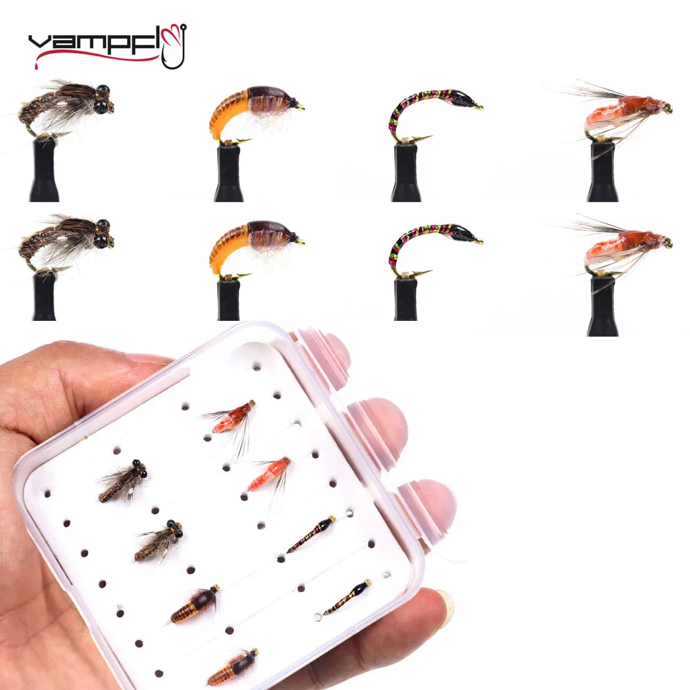 8 pçs/caixa Mini Caixa de Pesca Com Mosca Fly Combo Set Gelo Iscas De Pesca Isca De Pesca Carpa Isca de Pesca Ninfa Moscas Mosquito flâmulas de seca