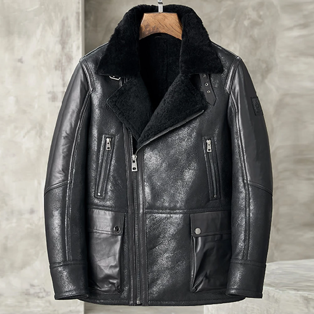 Men Bomber Jacket B3 Shearling Jacket Men Genuine Leather Coat Black