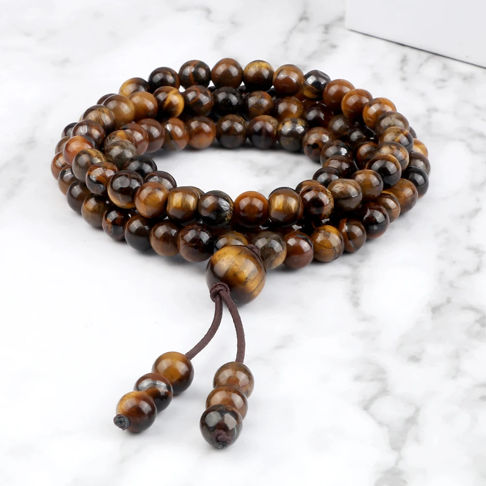 Natural Tiger Eye Stone Necklace Chakra Energy Beaded Bracelet Health Protection Yoga Spirit Jewelry 108 Beads Tibetan Necklaces