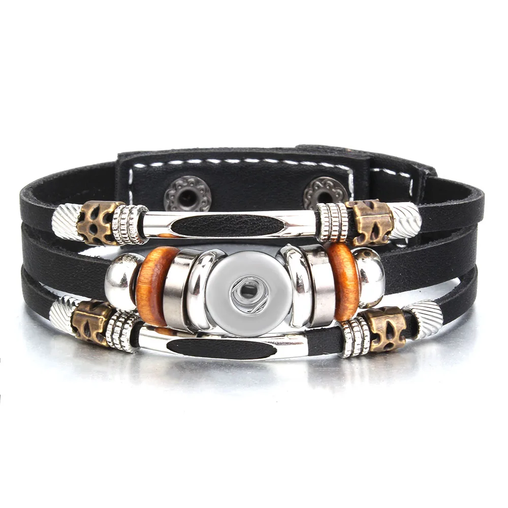 Black Leather 18mm 12mm Snap Button Bracelet for Snaps Jewelry Handmade Braided Leather Punk Snap Bracelet  Bangles With Beads