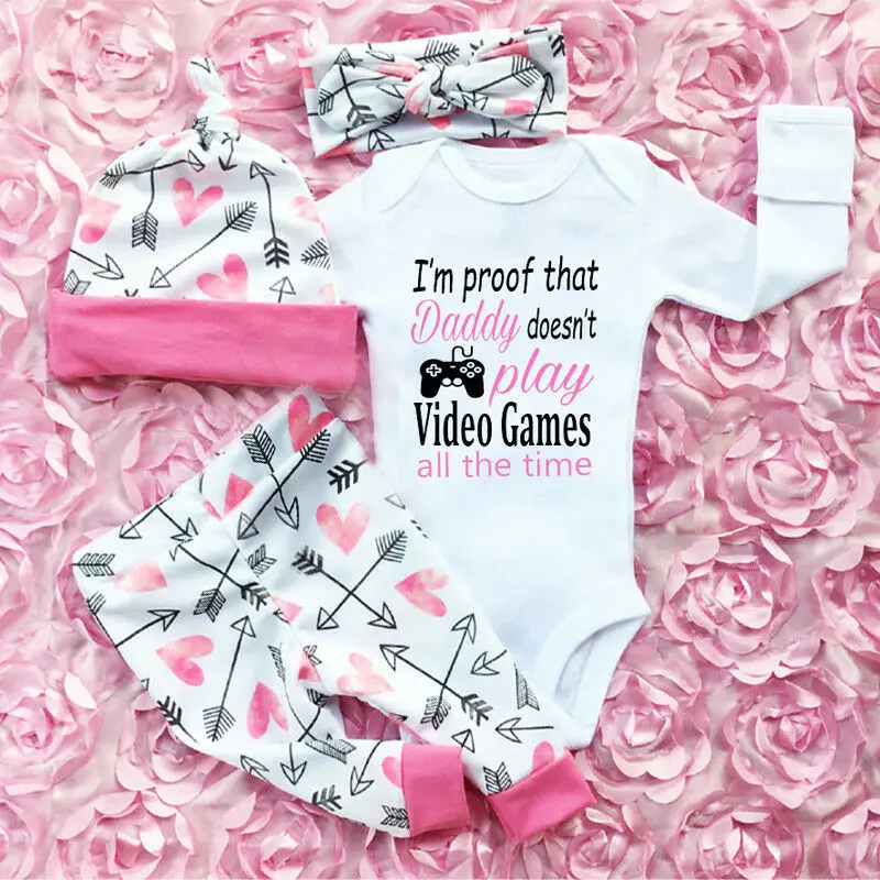 4PCS Newborn Toddler Kids Baby Girl Clothes Set Letter Printed Top Romper Long Pants Hat Outfits Clothing 0-24M