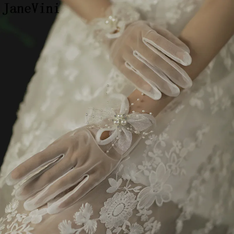 JaneVini Elegant Pearls Elegant Wedding Gloves for Bride Sexy Sheer Tulle White Evening Party Gloves Women Wedding Accessories