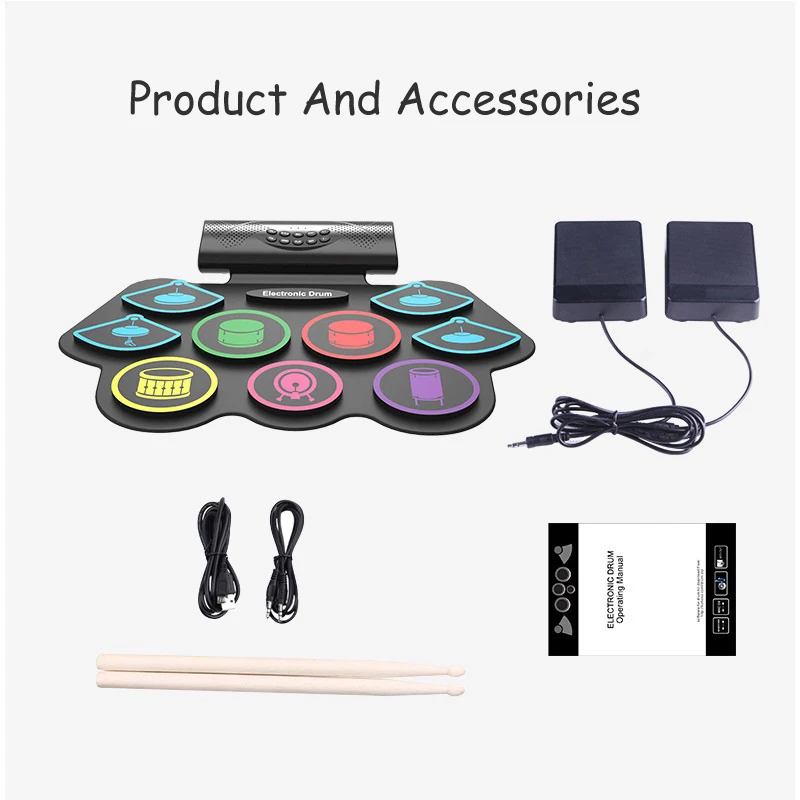 Compact Size USB Roll-Up Silicon Drum Portable Eletronic Drum Kit with Drumsticks Foot Pedals Connect Bluetooth Ipad Beginners