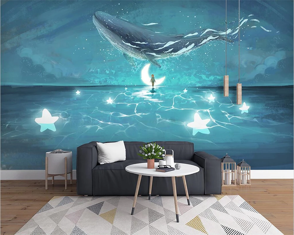 beibehang Customized modern nordic watercolor mediterranean ocean whale children's room background wallpaper papier peint