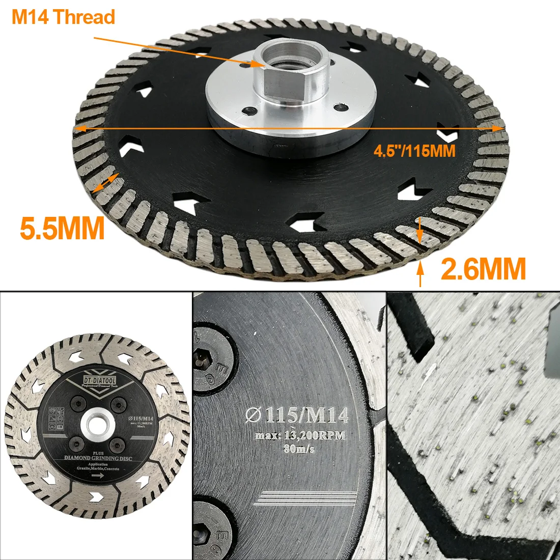 DT-DIATOOL 1pc M14 Dia 115mm/4.5“ Hot Pressed Diamond Grinding Cutting Disc Cut Grind Sharpen Granite Marble Concrete Saw Blade