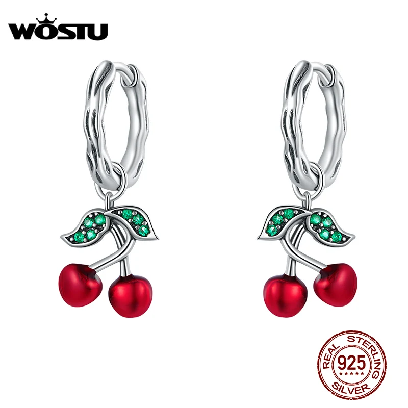 WOSTU Summer New 100% 925 Sterling Silver Sweet Cherry Drop Earrings for Women Red Enamel Fashion Silver Earrings Jewelry CQE905