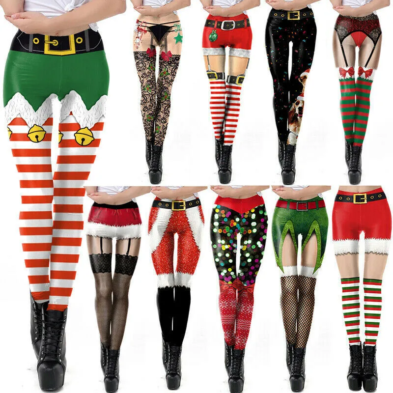 คริสต์มาส Leggings Leggings วิ่งออกกำลังกายวิ่งกางเกงยิมยืด Xmas HOT ขาย Casual Elk หิมะพิมพ์ Slim Leggings