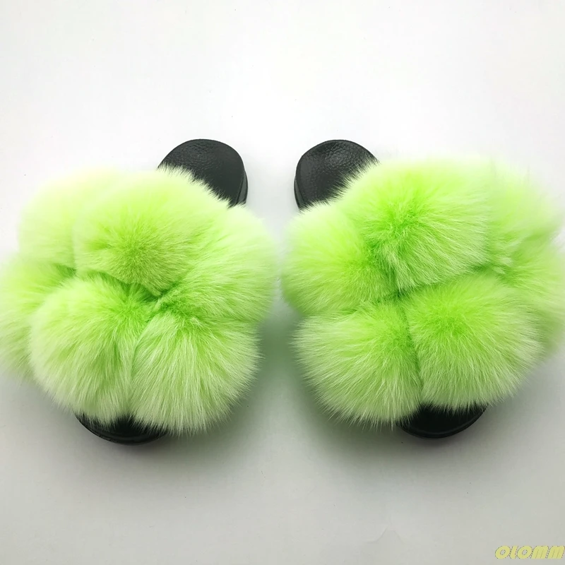 Furry Pom Pom Fur Slides Women Fur Slippers Reall Fox Fur Flip Flop Flat Fluffy Fur Ball Sandals Ladies Cute Rainbow Fur Shoes