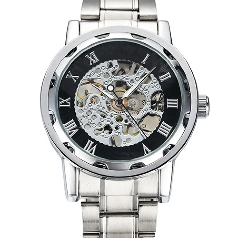 Hot Sale Men Skeleton Roman Numerals Hollow Dial Stainless Steel Band Mechanical Watch