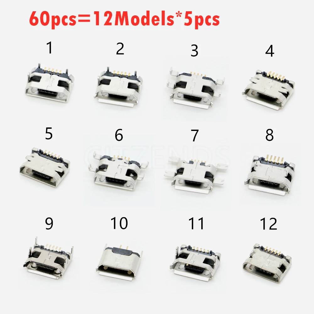 60pcs 12 Models Micro USB Connector 5Pin usb Jack Socket Female For MP3/4/5 Huawei Lenovo Meizu ZTE And Other Mobile Tabletels