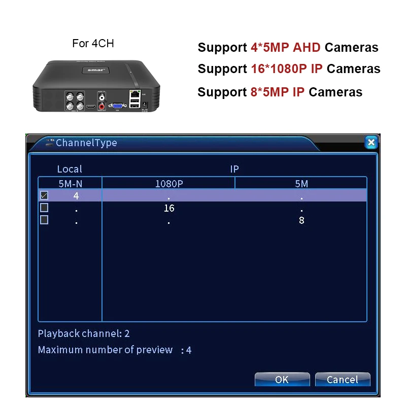 Видеорегистратор Smar CCTV, гибридный, 4/8 каналов, AHDNH 1080N, 5 в 1, AHD, CVI, TVI, CVBS, 1080P