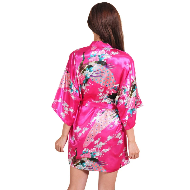 Wholesale Women Kimono Robe Satin Floral Peacock Bathrobe Short  Bridal Sleepwear For Wedding Party Birthday T14