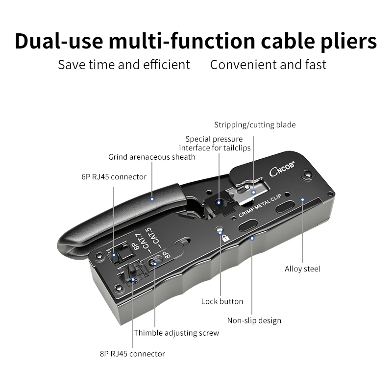 Outil de sertissage RJ45, câble Ethernet à pression facile, ligne téléphonique, outil de sertissage RJ11 + 10 connecteurs Cat6 avec queues + 10 bottes