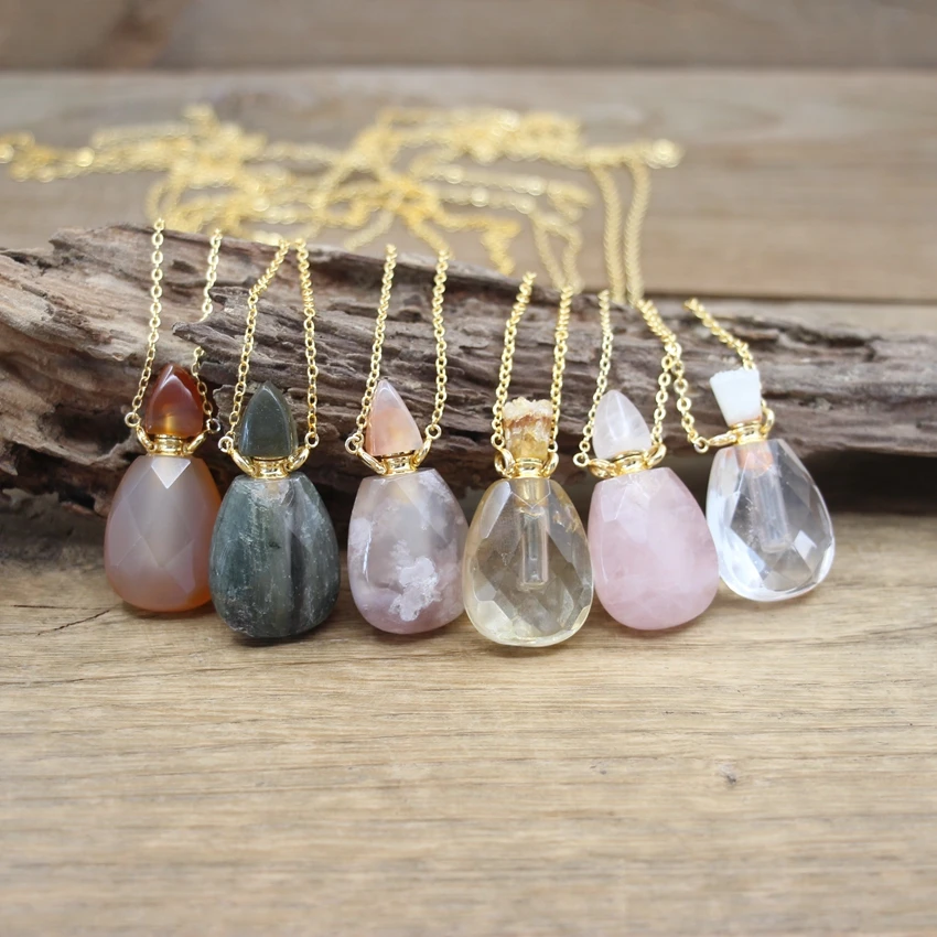 Natural Sakura Agates Essential Oil Vial Pendant Necklace Faceted Drop Crystal Quartz Geode Caps Perfume Bottle Charms QC1108