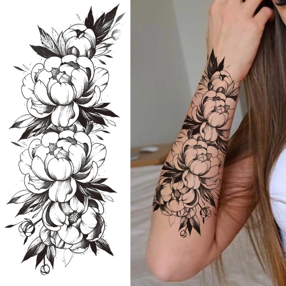 Triangle Realistic Large Rose Fake Tattoo Sticker For Women Girls Dahlia Peony Temporary Tattoos DIY Black Tattoo For Holiday