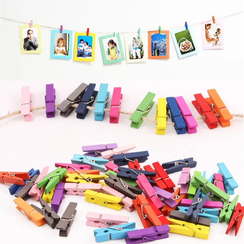 50Pcs/Set 35mm Mini Colorful Wooden Clips With 10M String Rope Photo Clamp DIY Craft Decoration Office Postcard Memo Paper Clips