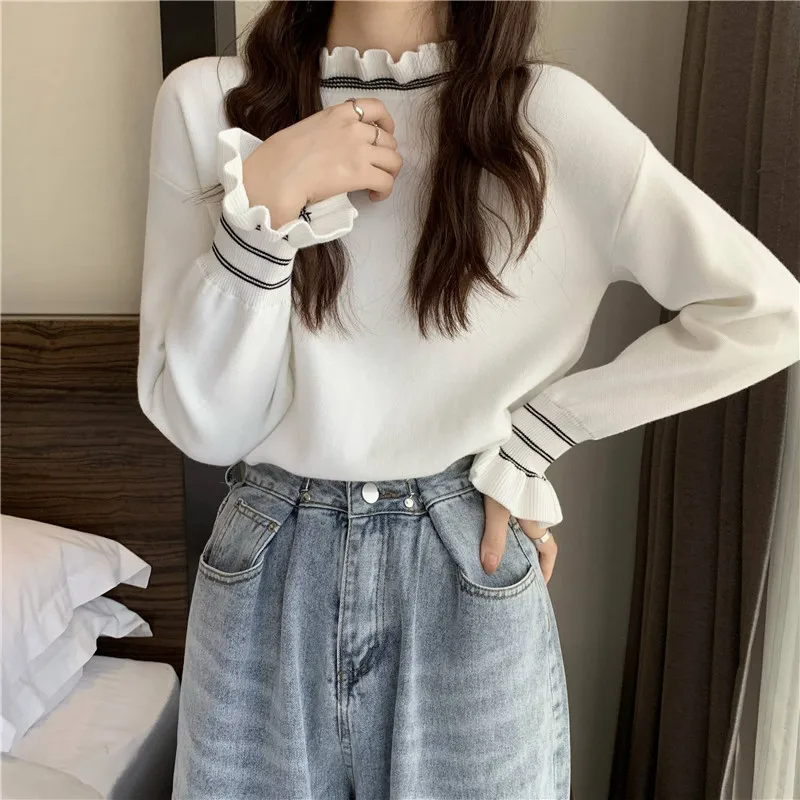 

Women's Trendy Pullover Sweaters Solid Mock Neck Ruffles Edging Long Sleeves Loose Knitting Sweater Autumn Spring 2021