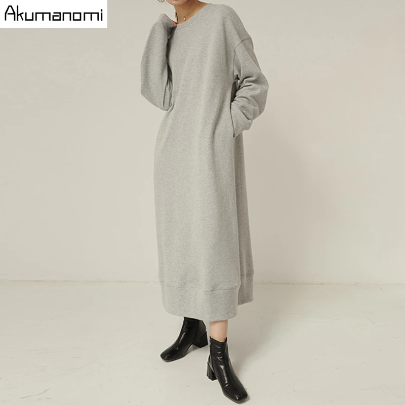 autumn spring plus size maxi dresses for women 2020 xxxl 4xl 5xl 6xl 7xl gray o neck long sleeve Casual fall dress with pockets