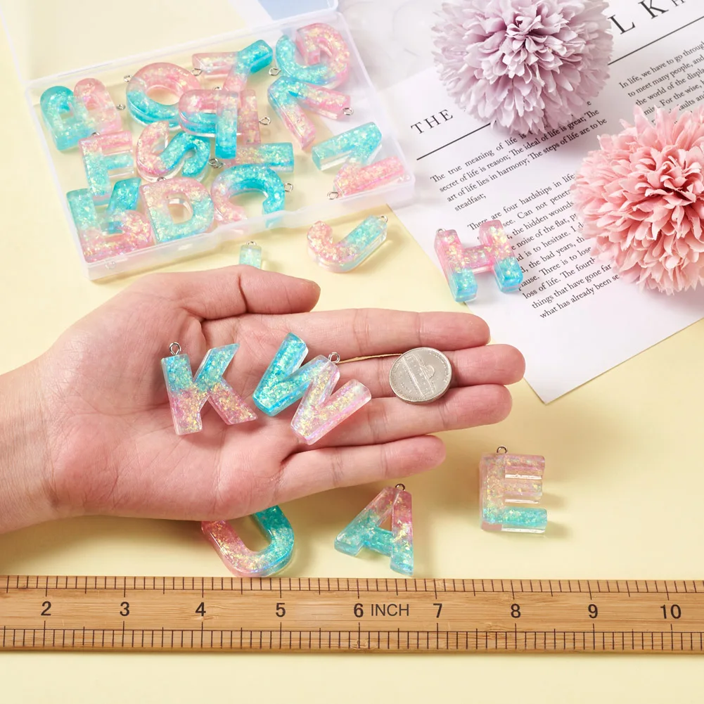 26Pcs/Set Transparent Epoxy Resin Letters Pendants Alphabet A-Z Charms For Women Keychain Necklace Earring DIY Jewelry Making