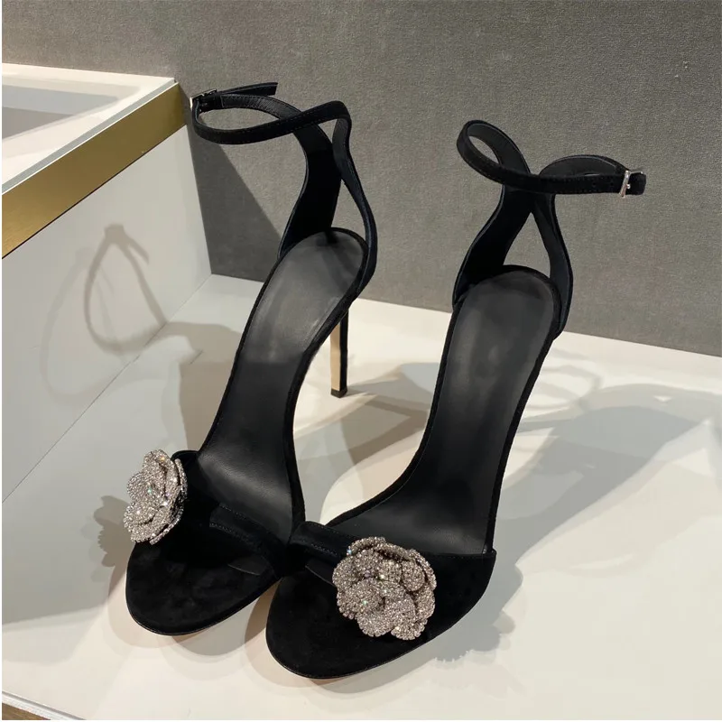 Women Black Dress Sandals Crystal Camellia Decor High Heels Party Summer Shoes Ankle Strap Lady Sandalias Femmes Stiletto Pumps