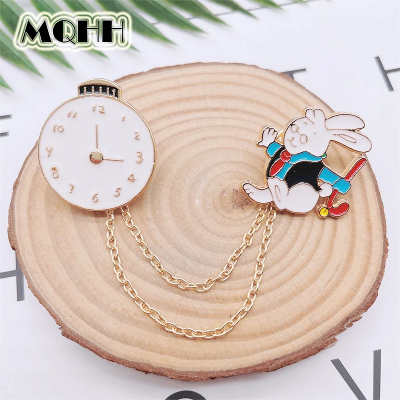 Cartoon Cute Animals Rabbit Clock Enamel Pins Creative Chain Disassembly Alloy Brooch Badge Clothes Accessories Jewelry Gifts