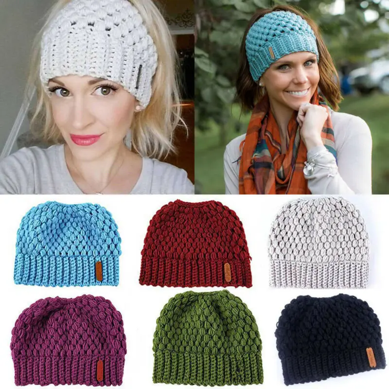 Women Girls Hat Messy High Bun Ponytail Beanie Stretch Knit Winter Warm Hole Cap Hot