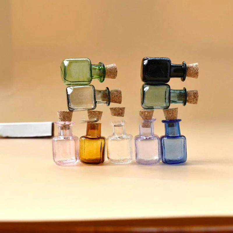 Hot！ 1:12 Dollhouse Mini Glass Color Bottles Cork Bottles Tiny Jar Vials Model Pretend Play Toy Dollhouse Accessories