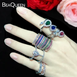 BeaQueen Designer CZ Stack Wear Micro Pave Cubic Zirconia Multicolor Delicate Stackable Rings Engagement Party Jewelry R062