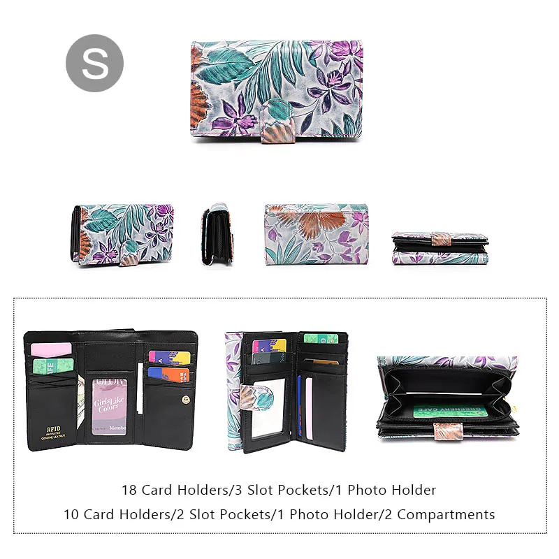 SC Women Genuine Leather Wallet RFID Blocking Multi Card Holders Coin Purse Stylish Flower Pattern Clutch Bag Ladies Long Wallet