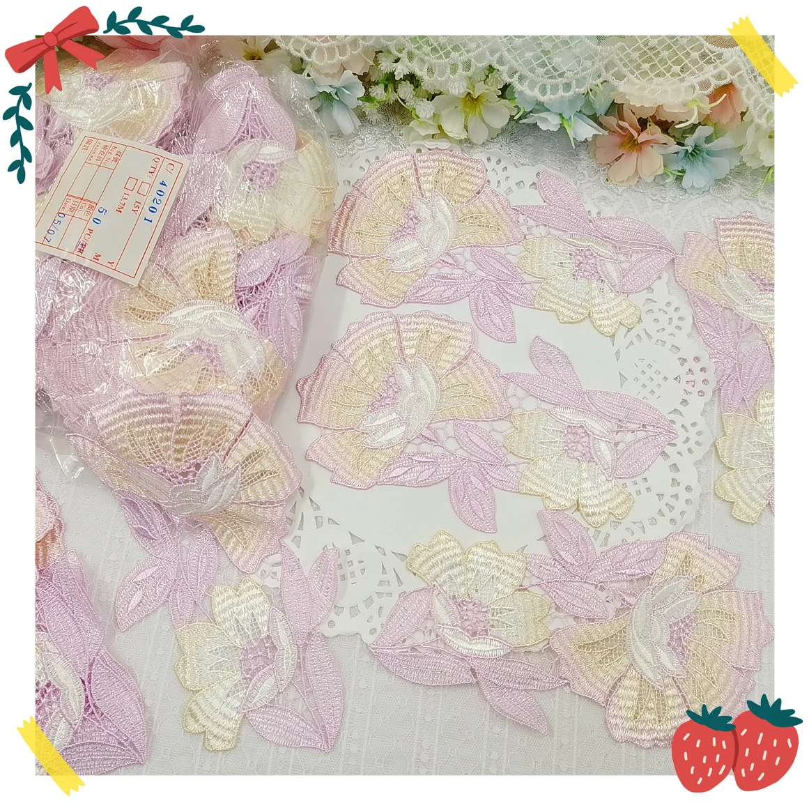 (5 개/몫) 10*16.5cm 보라색 노란색 혼합 바느질 큰 중공 꽃 모티브 Venise 레이스 Applique 의류 자수 레이스 패치