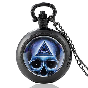 Classic Steampunk All-seeing Eye Skull Design Vintage Quartz Pocket Watch Men Women Pendant Necklace Hours Clock Gifts