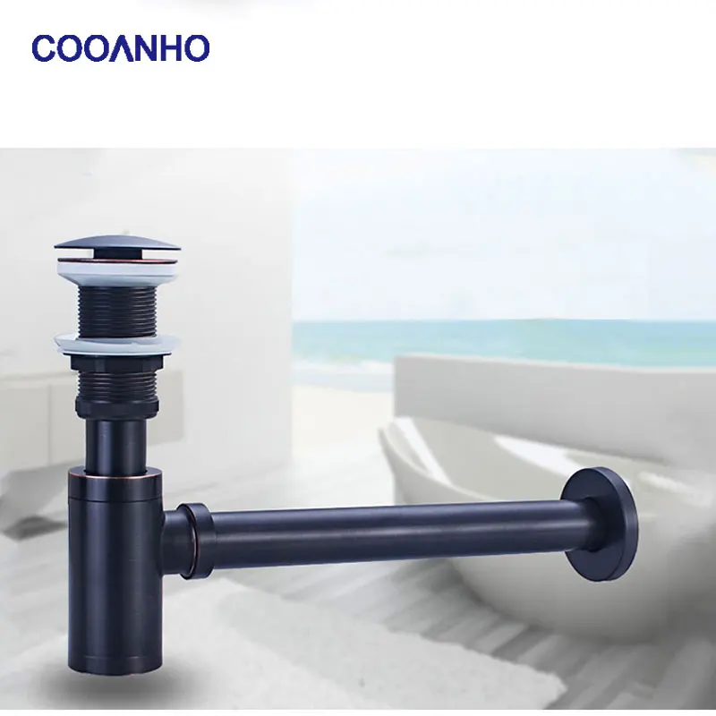 COOANHO Brass Round Bottle P-Trap, Sink Waste Trap Drain Pipe Kit Adjustable Height Black