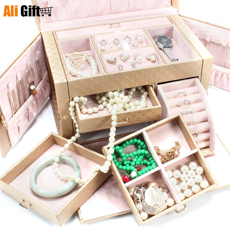 Global Ka/ Universal Jia Jewelry Box Receiving Box Bulk Locked Princess European Multi-layer Wedding Gift Portable Dressing Case