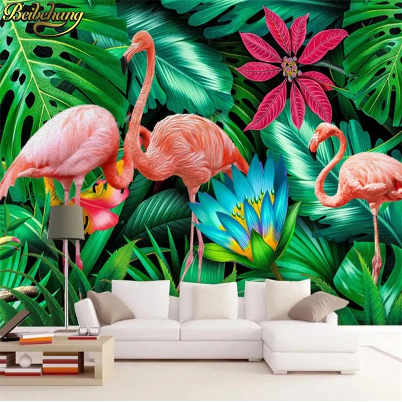 Custom 3D Photo Wallpaper Rainforest Banana Leaf Flamingo Murals - Decorative Wall Paper for Bedroom Living Room Sofa